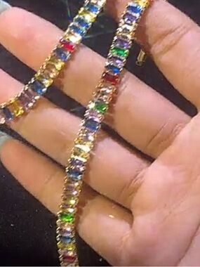 Gold Multicolor Crystal Tennis Necklace and Bracelet Set